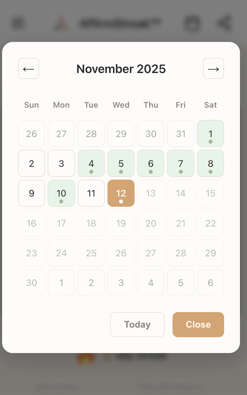 Calendar view with affirmation history
