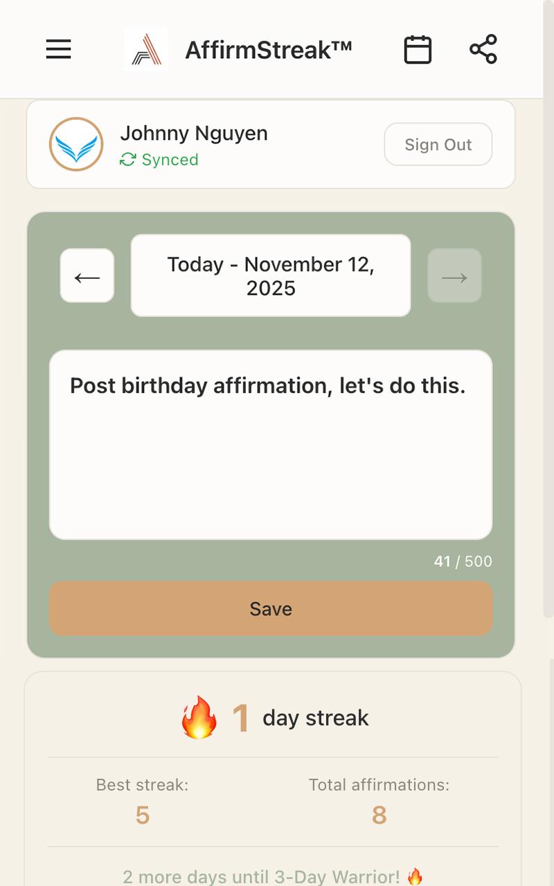 Main affirmation writing interface